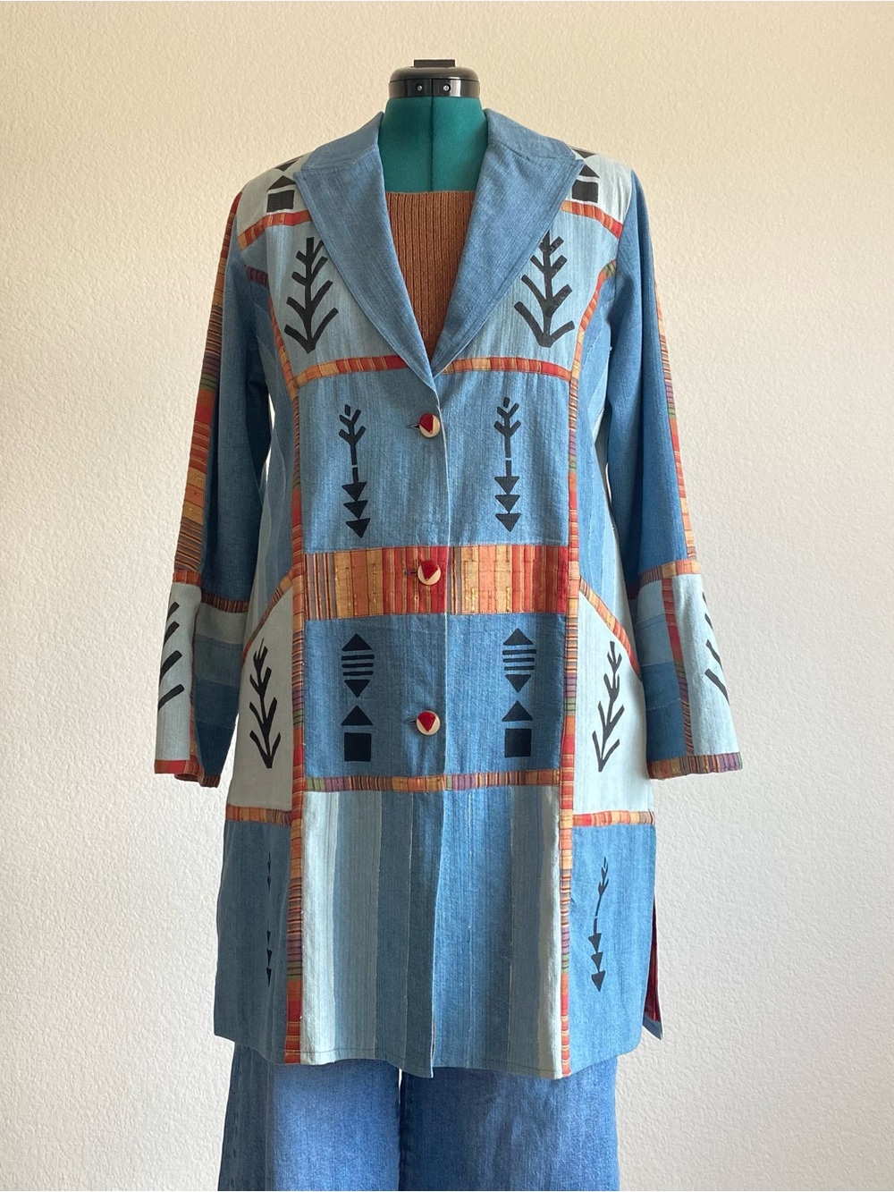 Vintage Parsley & Sage patchwork denim button down trench coat, L
